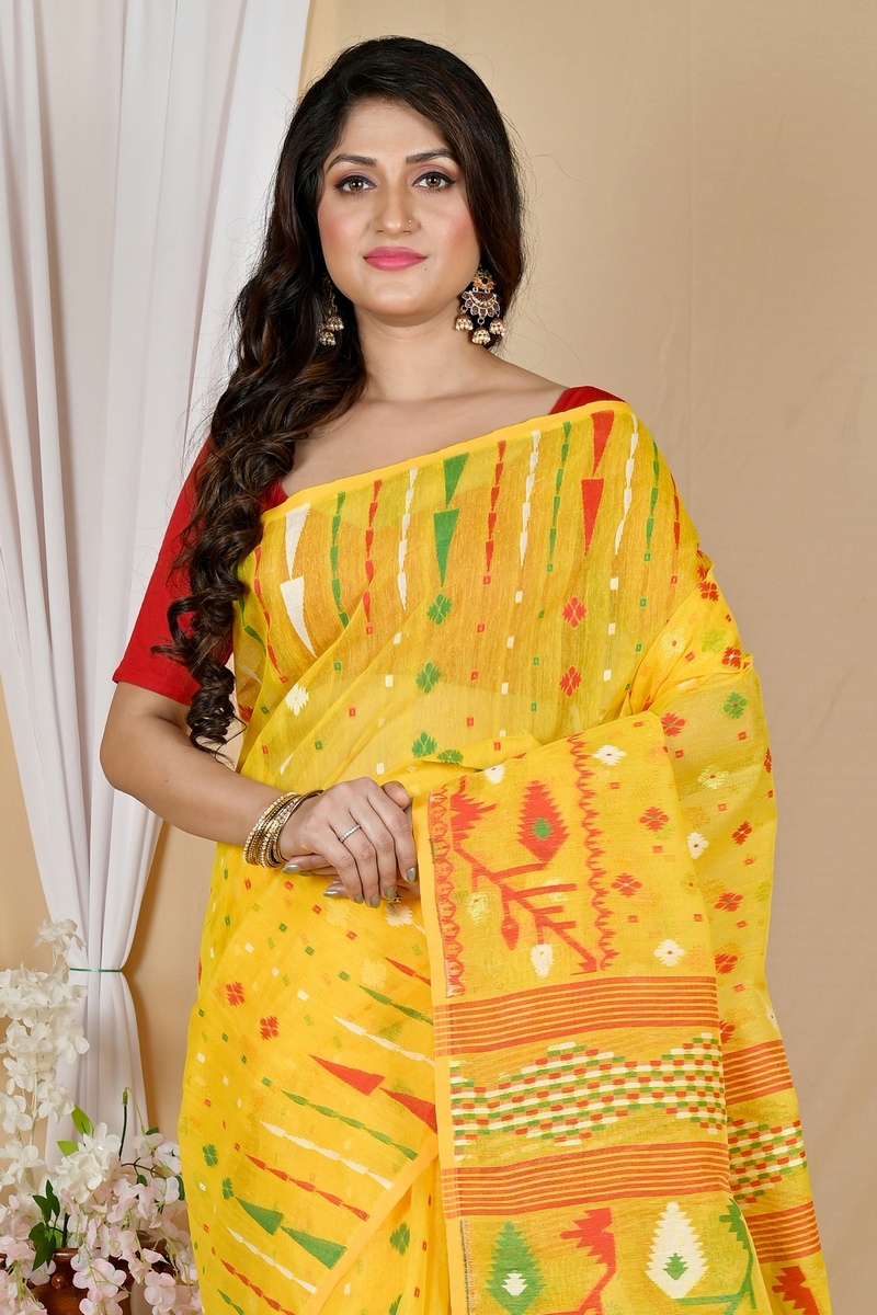 Yellow Blended Cotton Rapkol Jamdani Saree (2021)