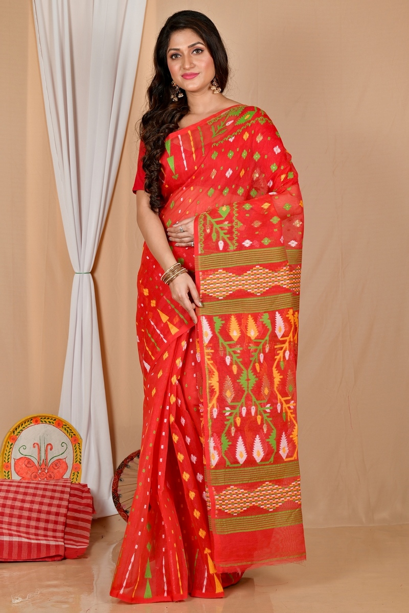 Red Blended Cotton Rapkol Jamdani Saree (2022)