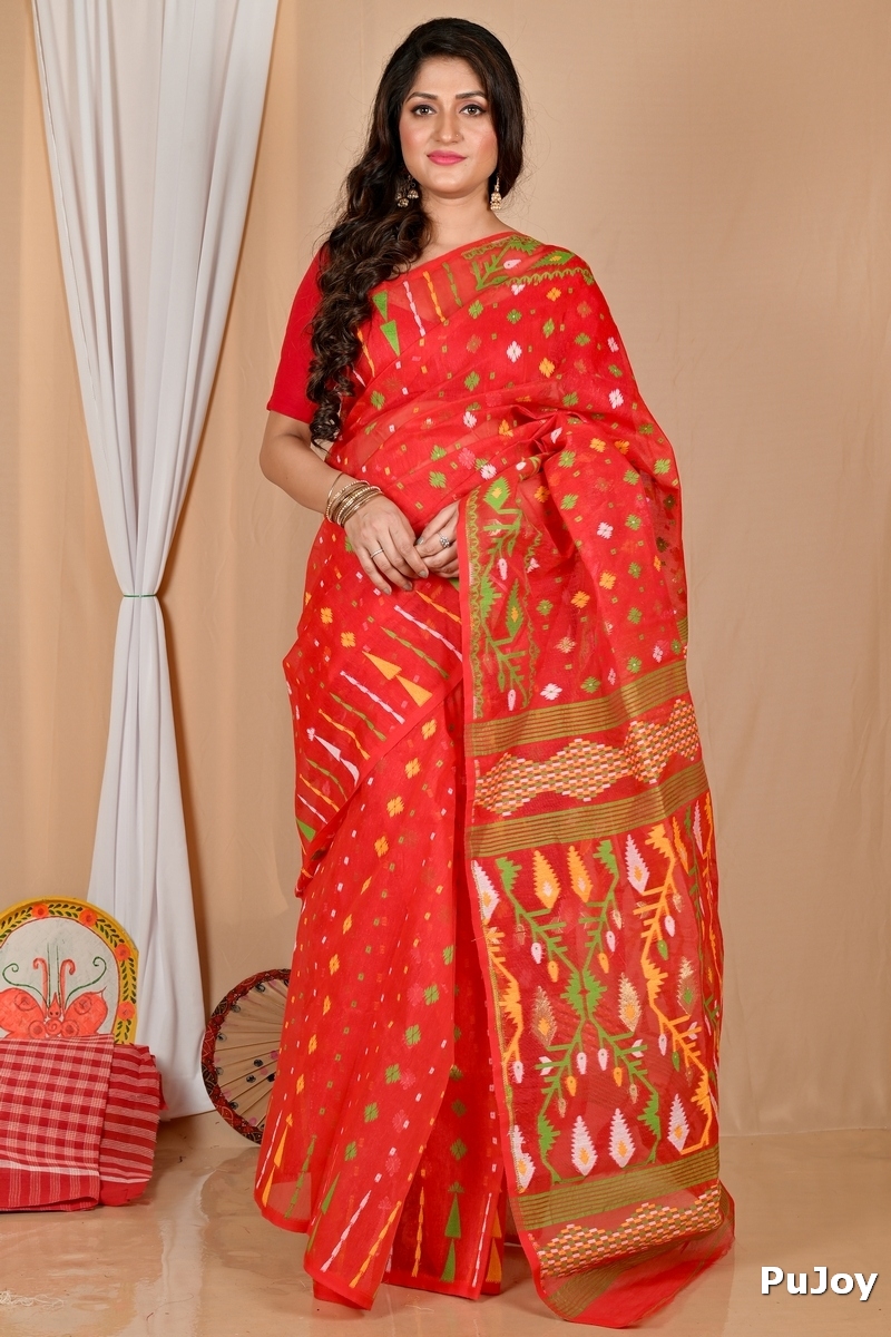 Red Blended Cotton Rapkol Jamdani Saree (2022)