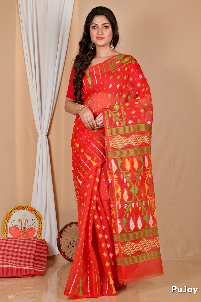 Red Blended Cotton Rapkol Jamdani Saree (2022)