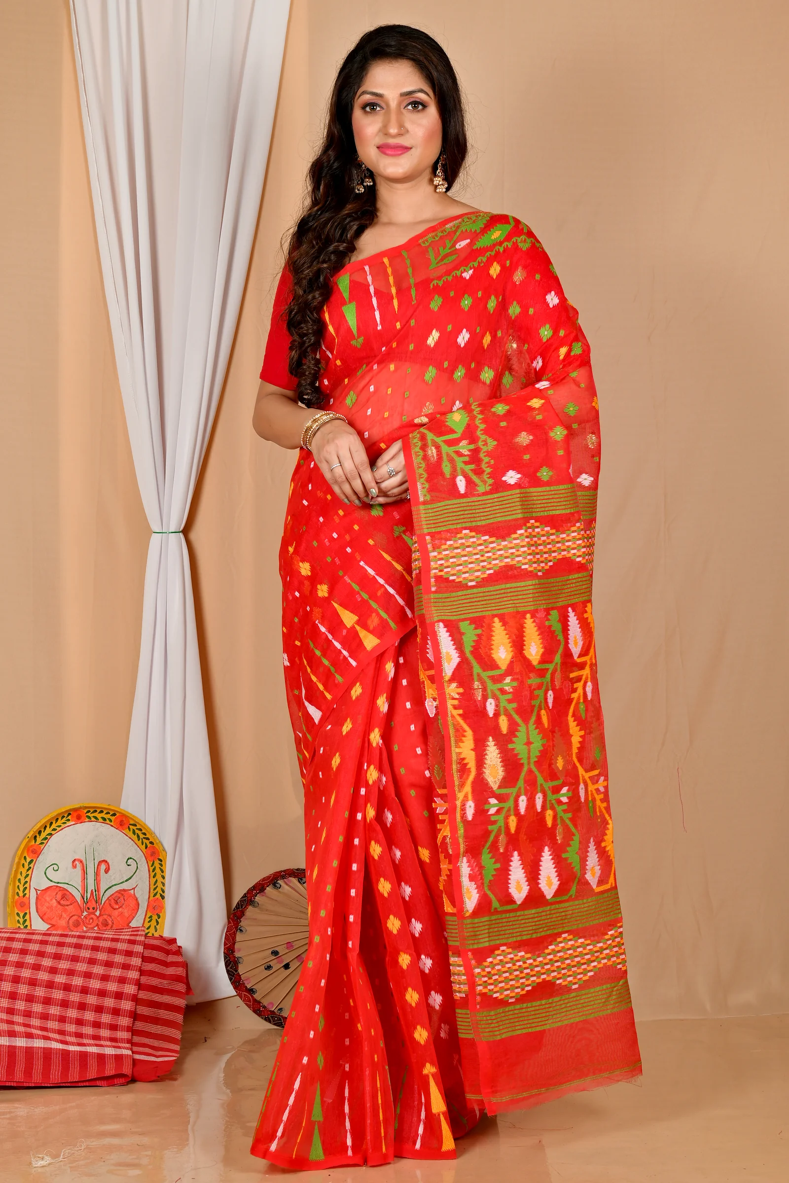 Red Blended Cotton Rapkol Jamdani Saree (2022)