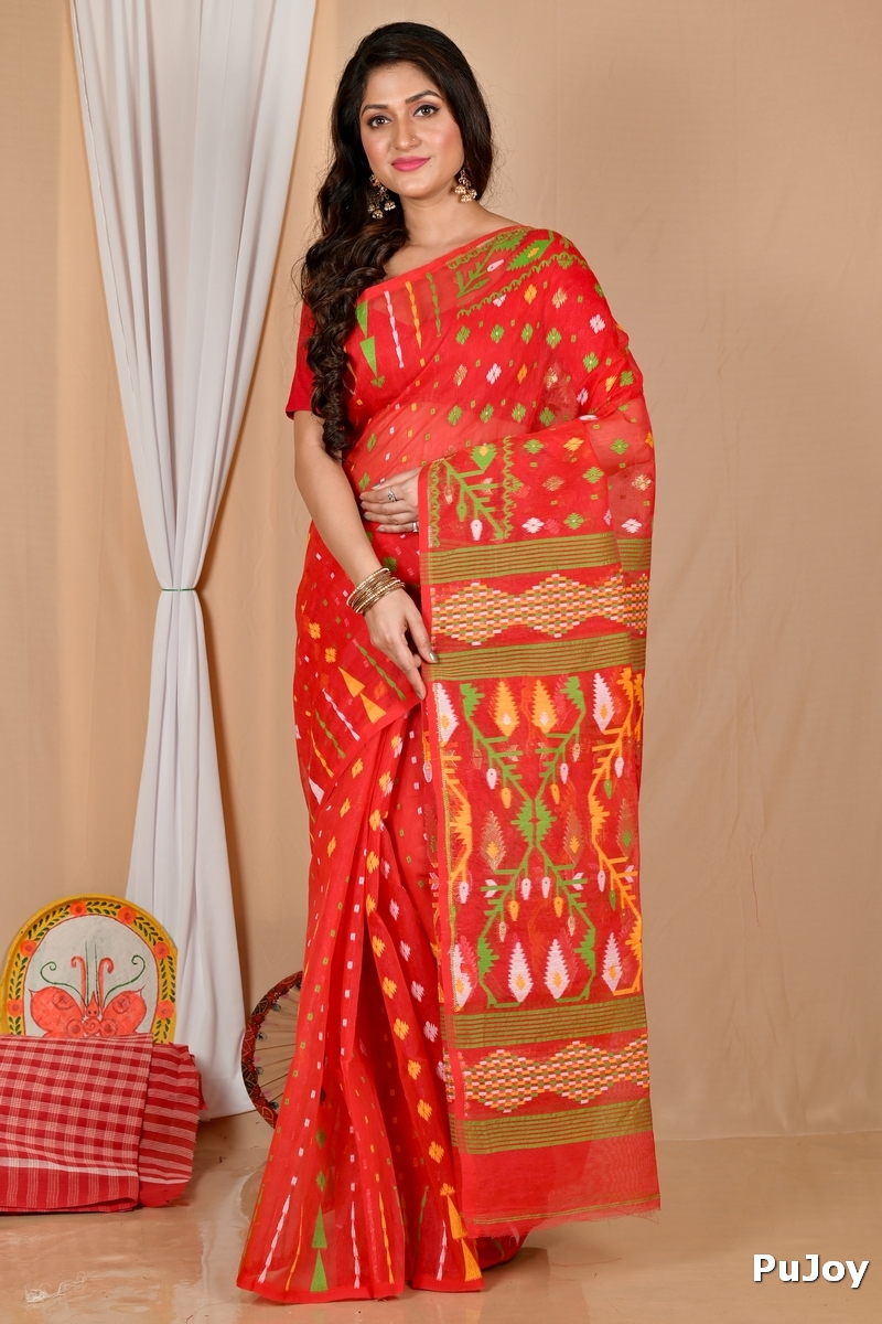 Red Blended Cotton Rapkol Jamdani Saree (2022)