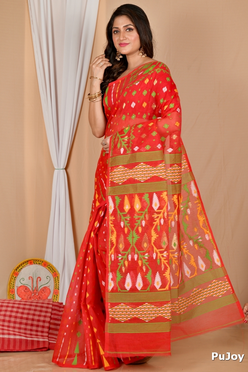 Red Blended Cotton Rapkol Jamdani Saree (2022)