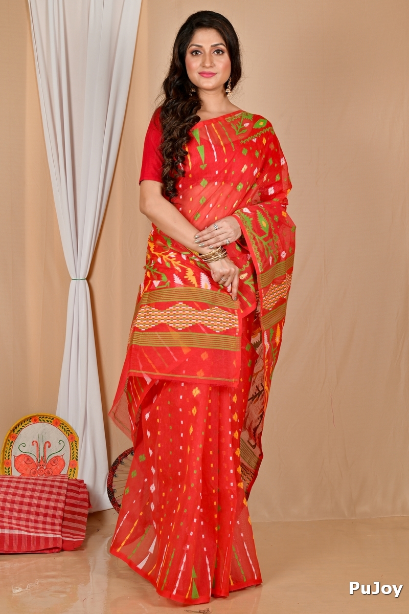 Red Blended Cotton Rapkol Jamdani Saree (2022)