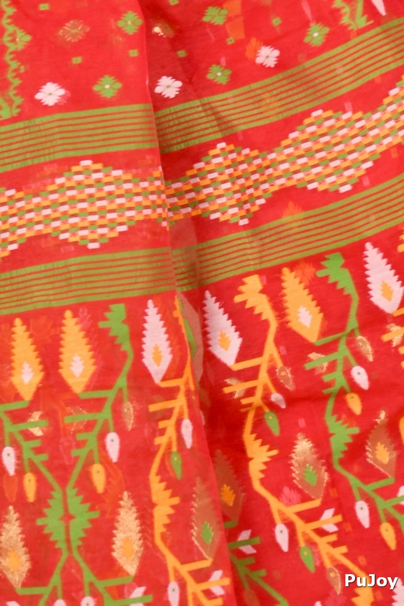 Red Blended Cotton Rapkol Jamdani Saree (2022)