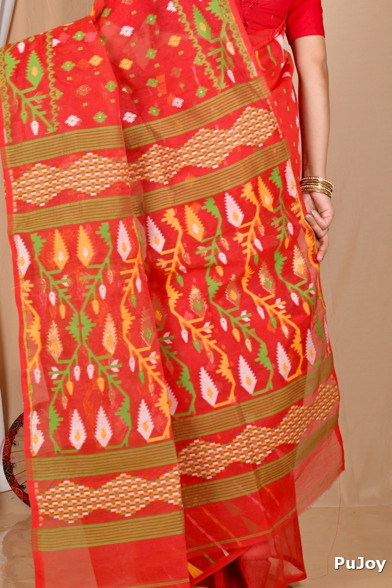 Red Blended Cotton Rapkol Jamdani Saree (2022)