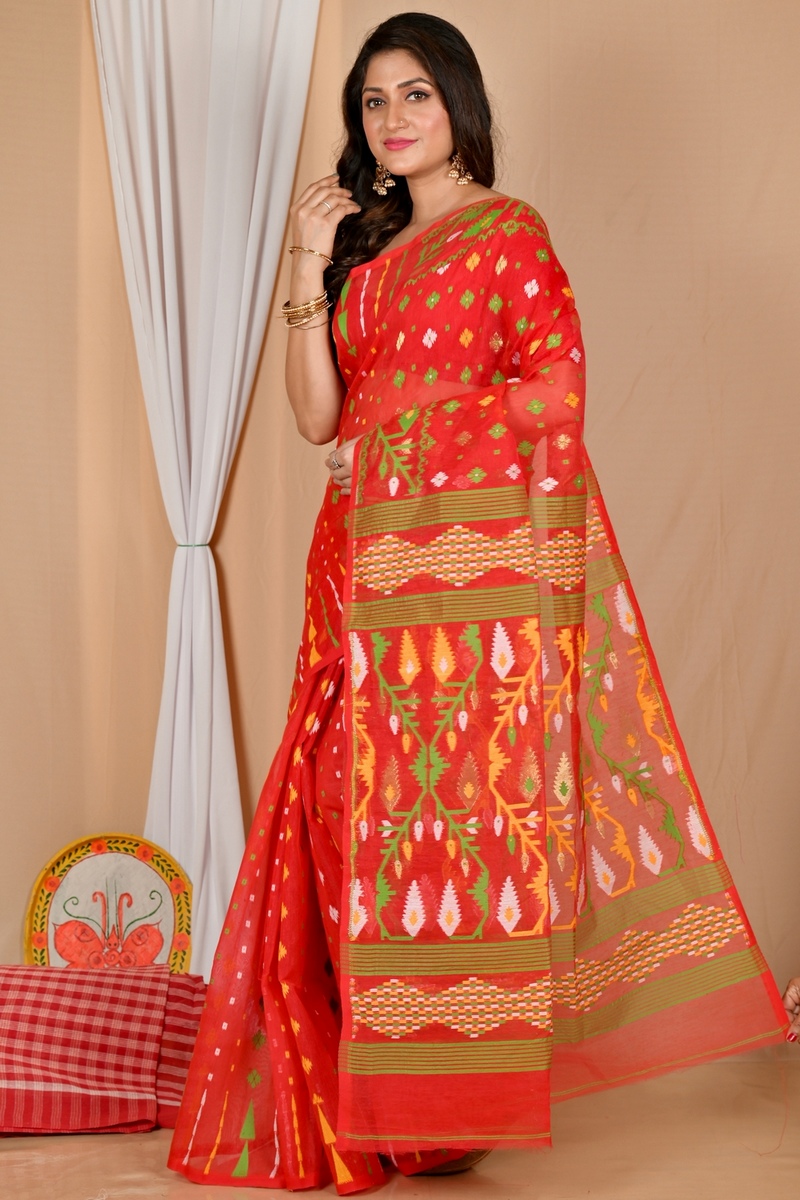 Red Blended Cotton Rapkol Jamdani Saree (2022)