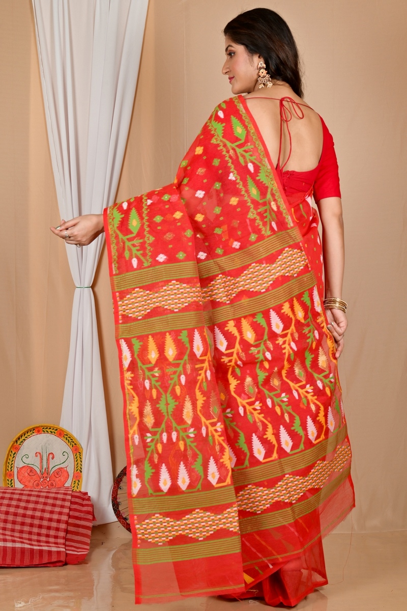 Red Blended Cotton Rapkol Jamdani Saree (2022)
