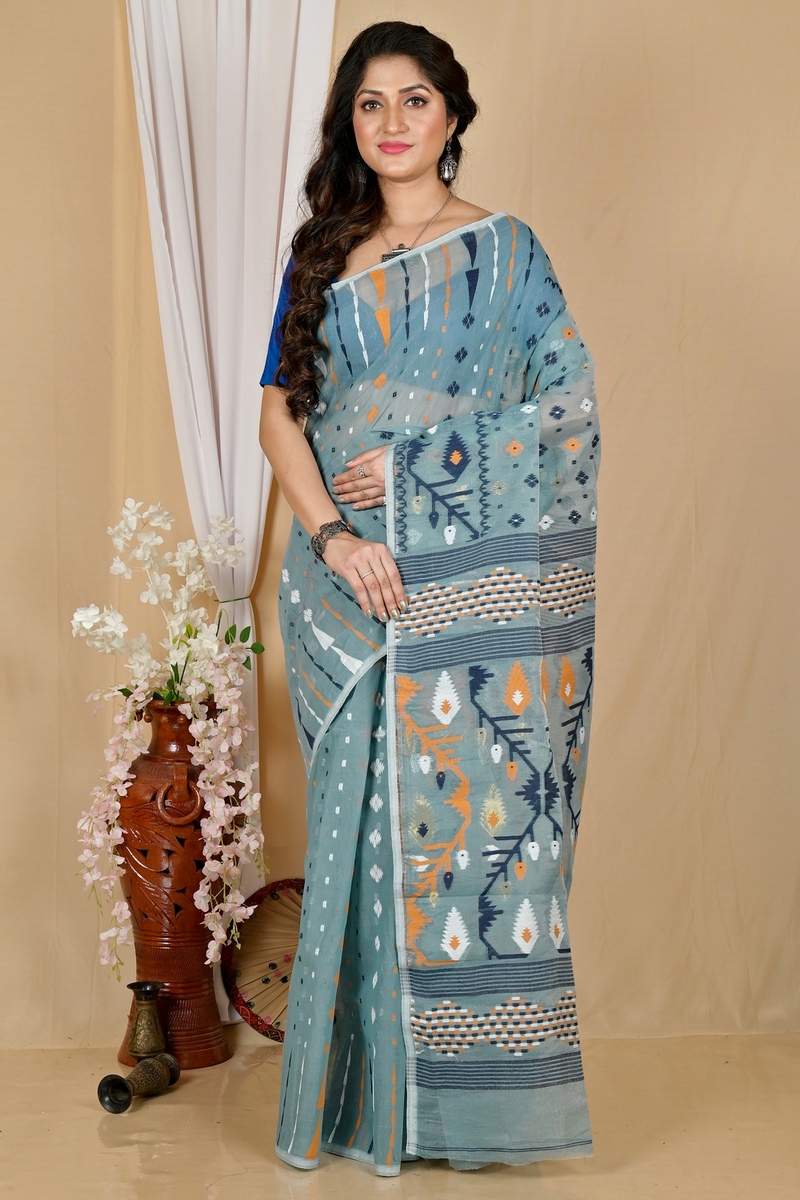 See Green Blended Cotton Rapkol Jamdani Saree (2023)