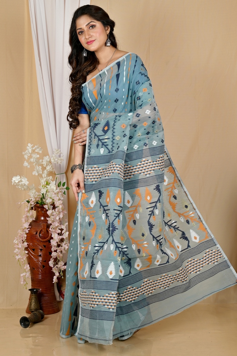 See Green Blended Cotton Rapkol Jamdani Saree (2023)