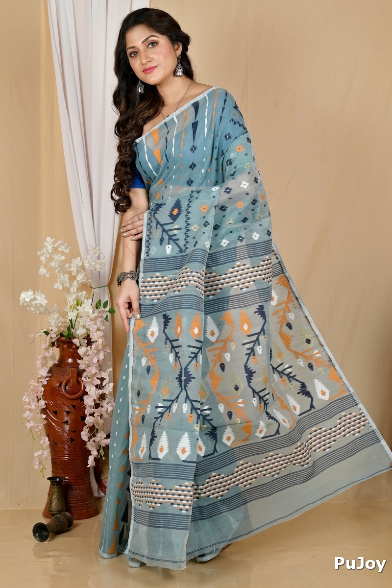 See Green Blended Cotton Rapkol Jamdani Saree (2023)