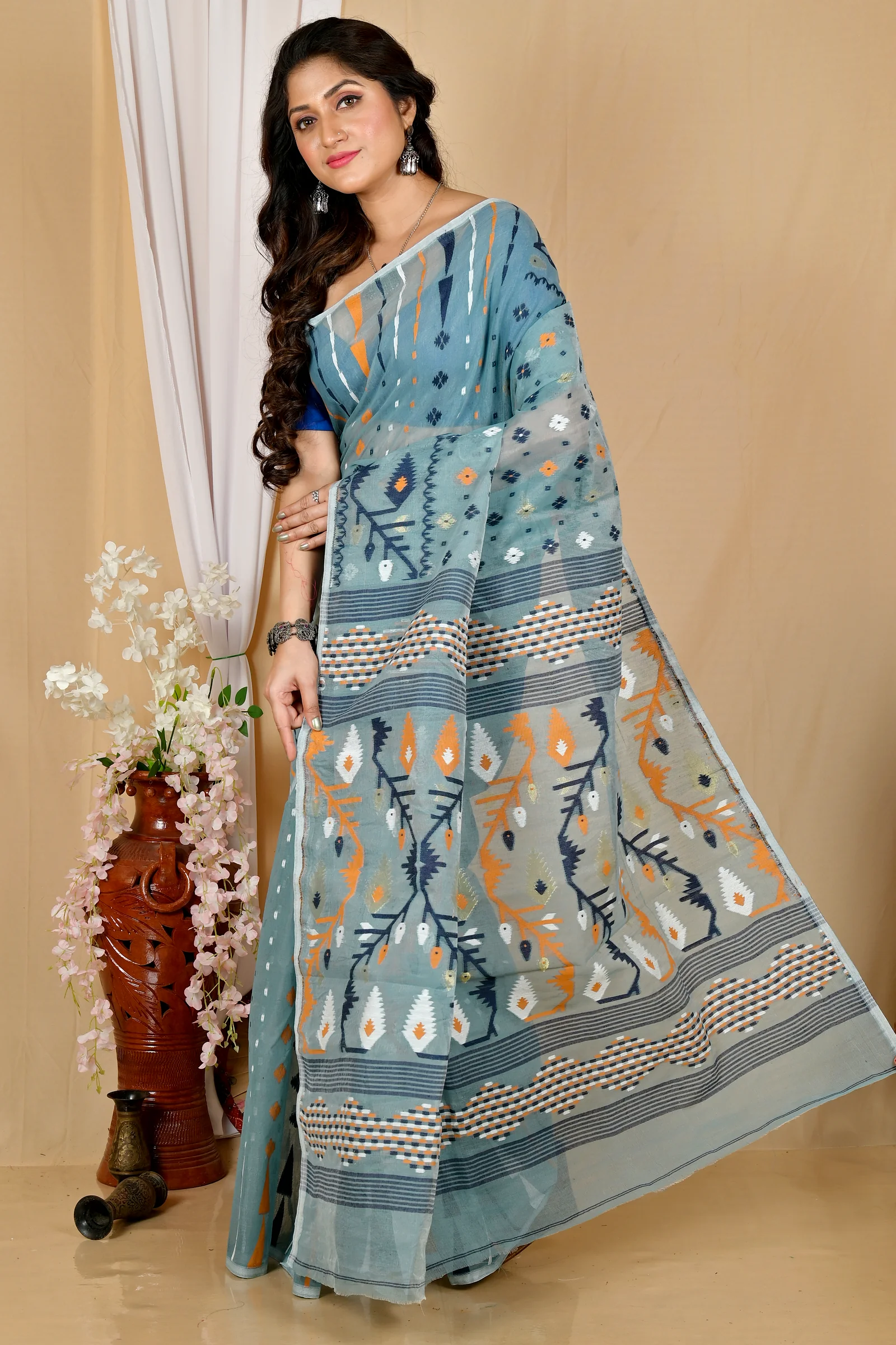 See Green Blended Cotton Rapkol Jamdani Saree (2023)