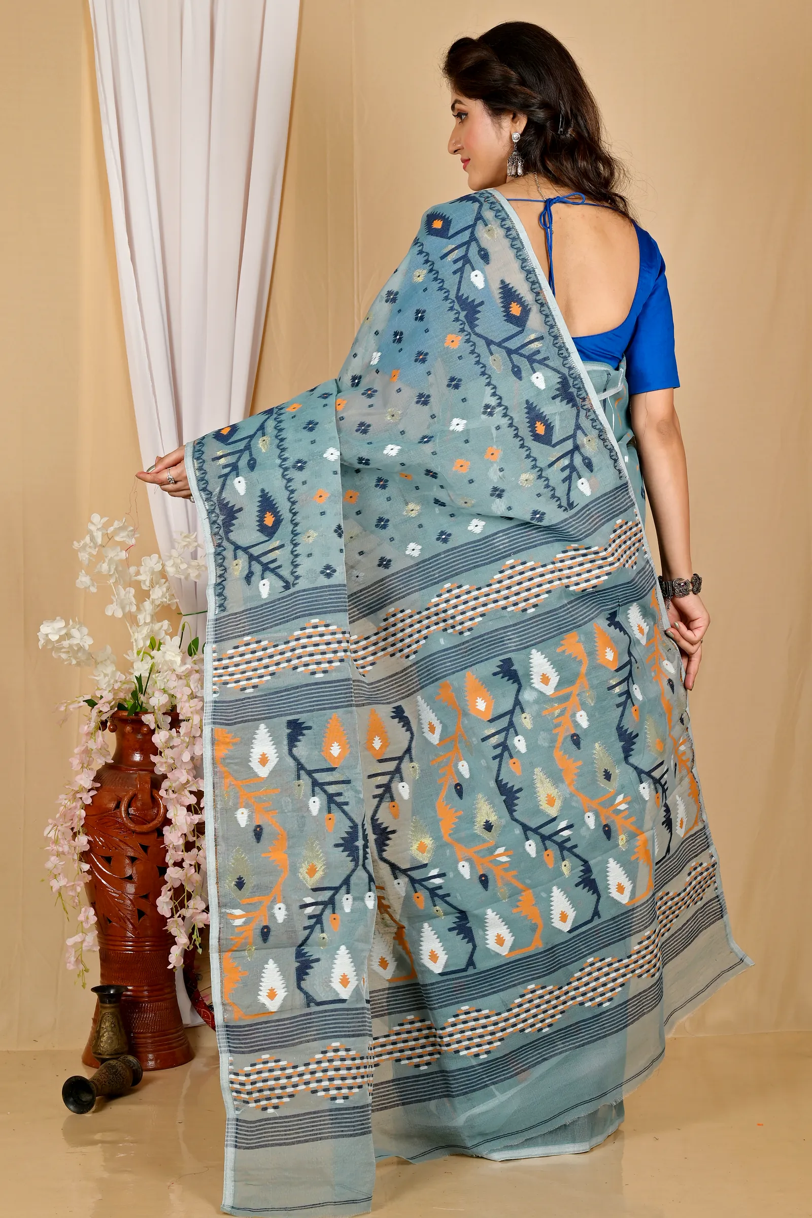 See Green Blended Cotton Rapkol Jamdani Saree (2023)