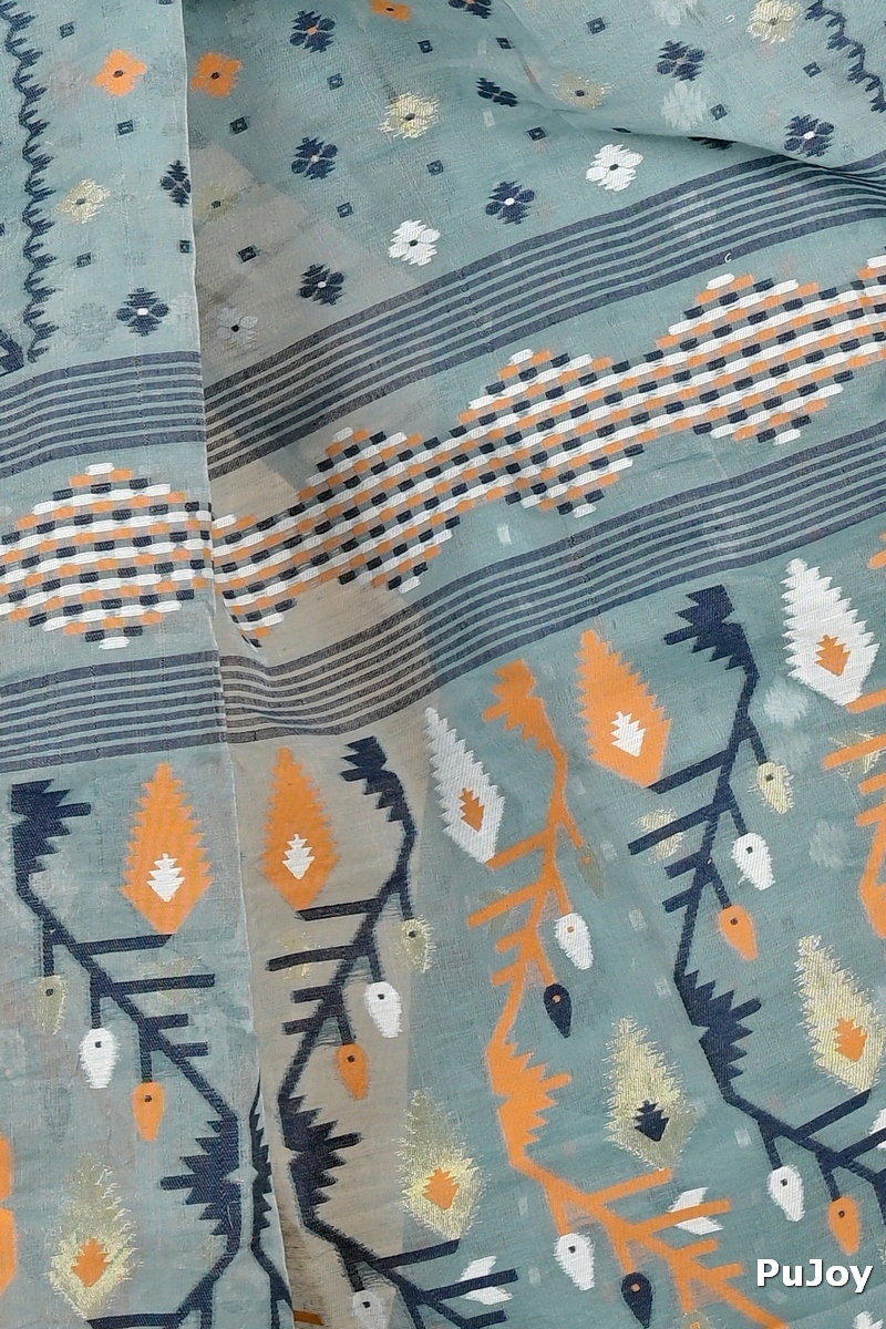 See Green Blended Cotton Rapkol Jamdani Saree (2023)
