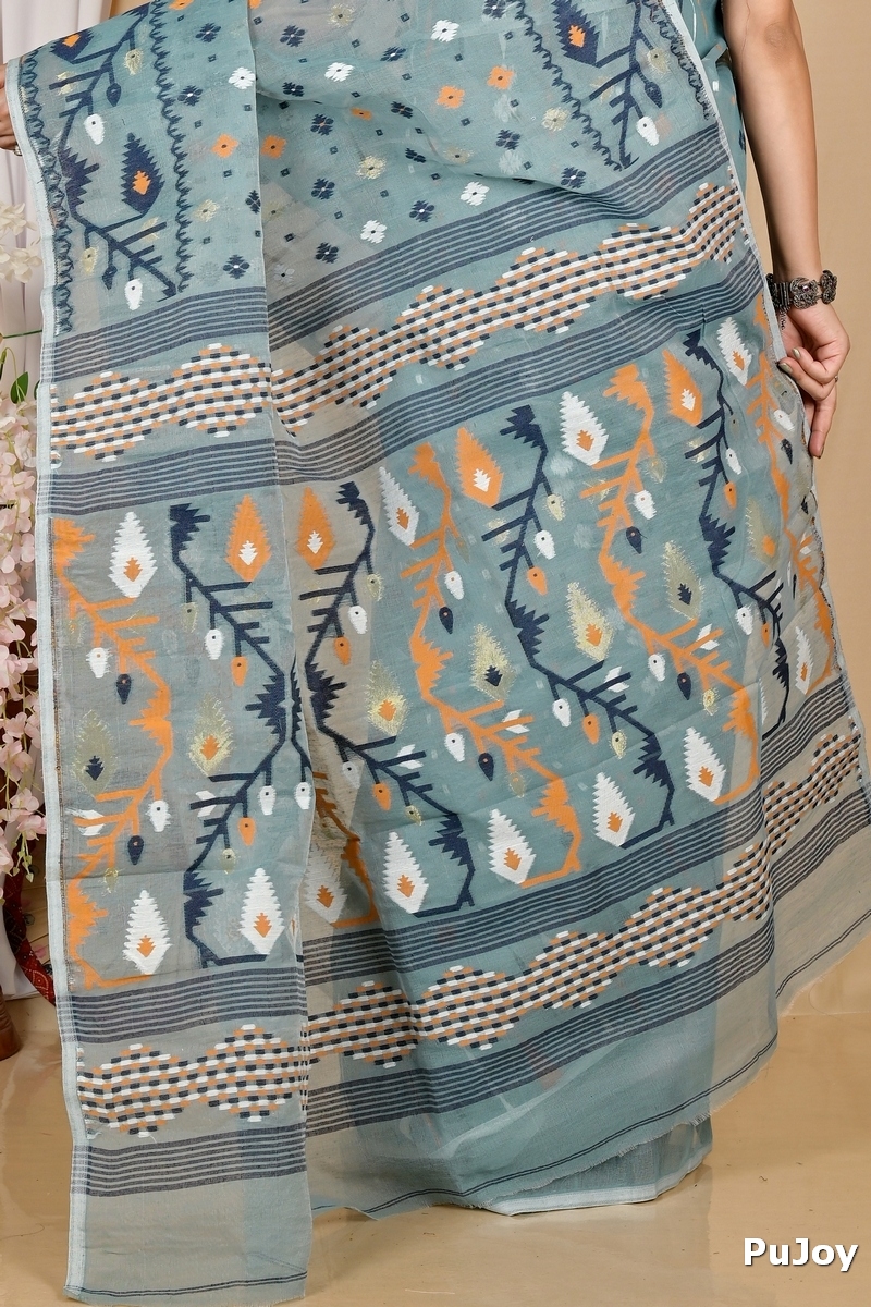 See Green Blended Cotton Rapkol Jamdani Saree (2023)