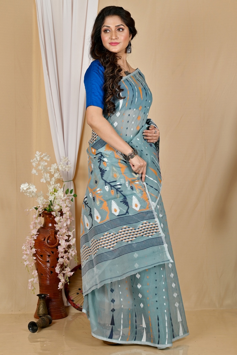 See Green Blended Cotton Rapkol Jamdani Saree (2023)