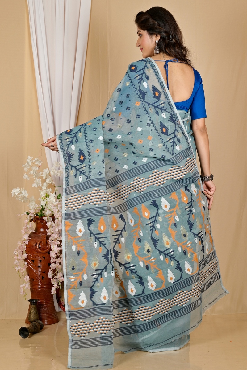 See Green Blended Cotton Rapkol Jamdani Saree (2023)