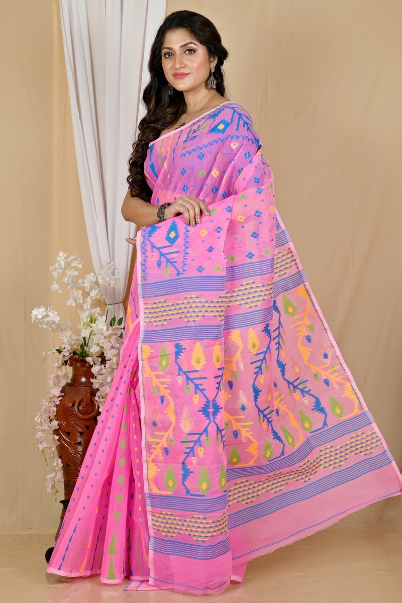 Pink Blended Cotton Rapkol Jamdani Saree (2024)
