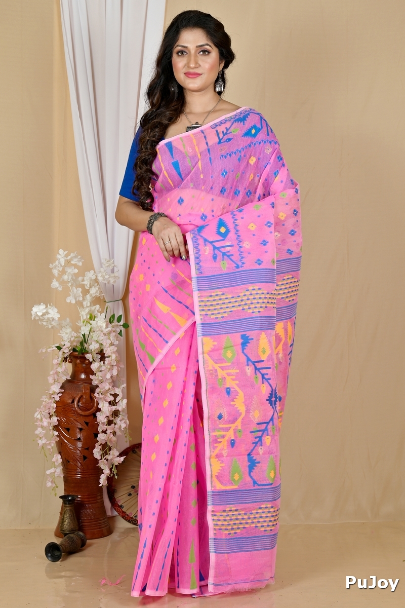 Pink Blended Cotton Rapkol Jamdani Saree (2024)