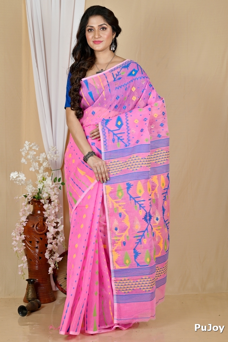 Pink Blended Cotton Rapkol Jamdani Saree (2024)