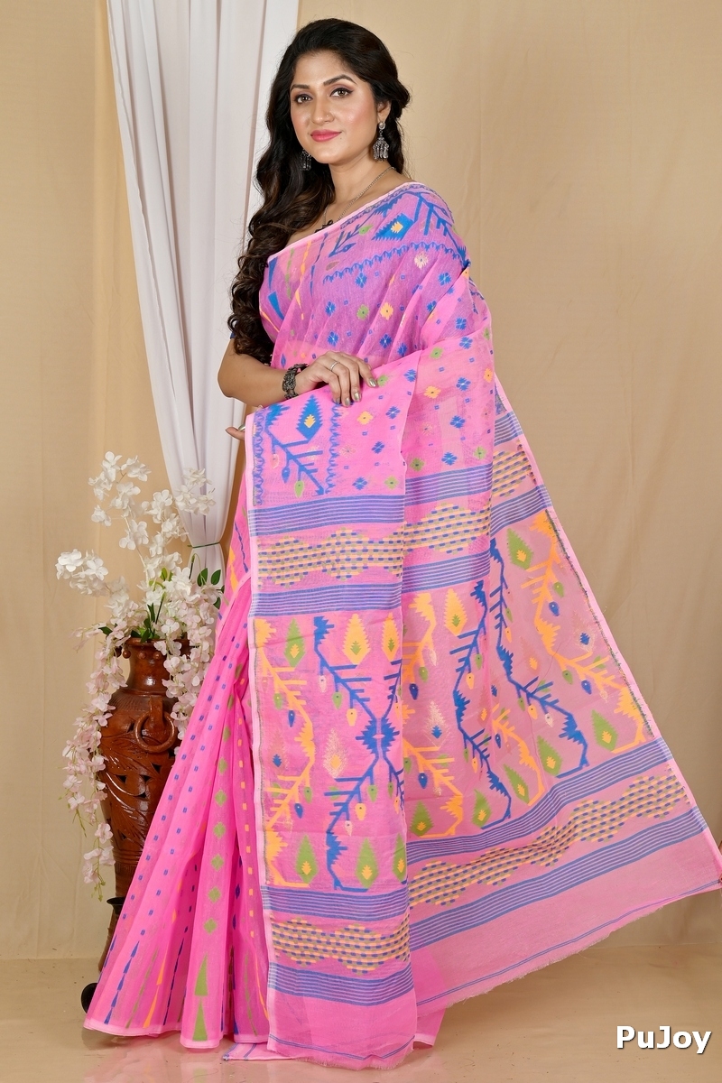 Pink Blended Cotton Rapkol Jamdani Saree (2024)