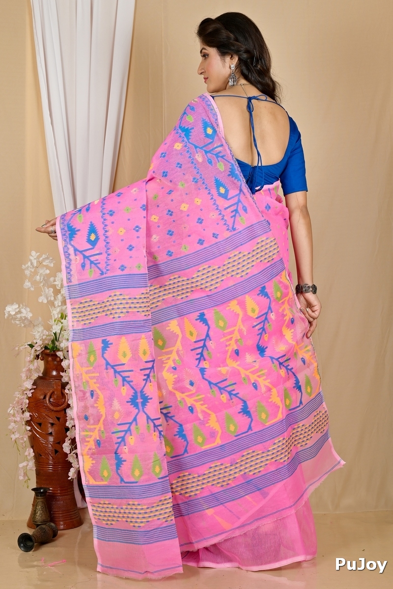 Pink Blended Cotton Rapkol Jamdani Saree (2024)