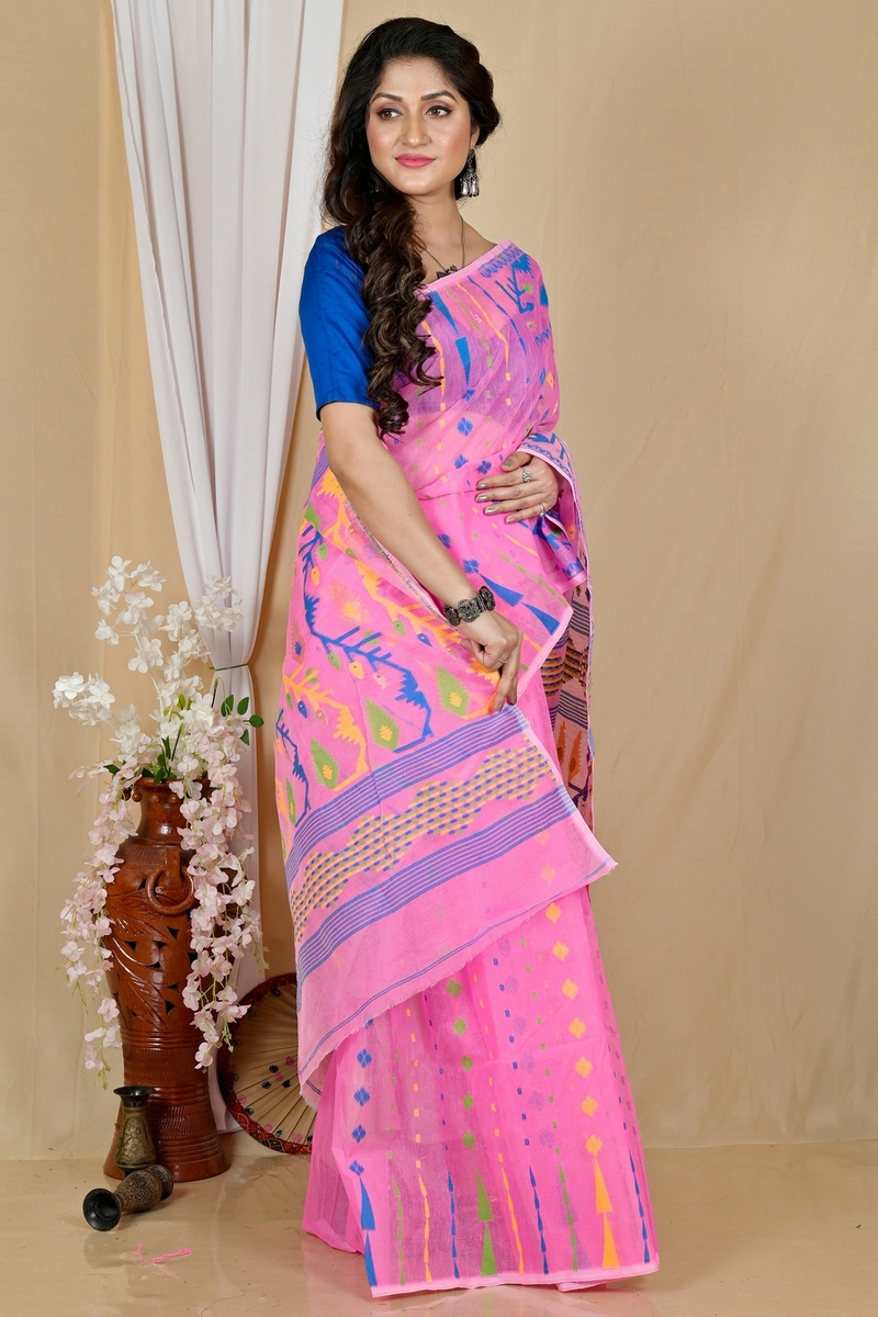 Pink Blended Cotton Rapkol Jamdani Saree (2024)