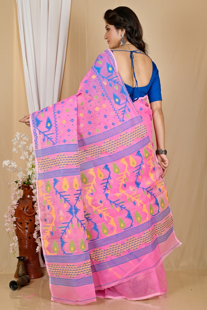 Pink Blended Cotton Rapkol Jamdani Saree (2024)