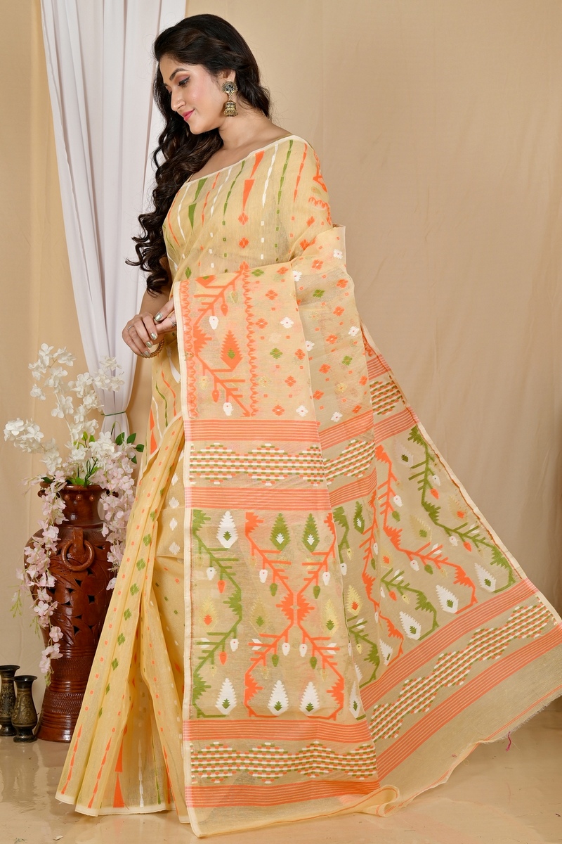 Cream Blended Cotton Rapkol Jamdani Saree (2025)