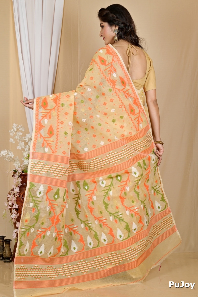 Cream Blended Cotton Rapkol Jamdani Saree (2025)