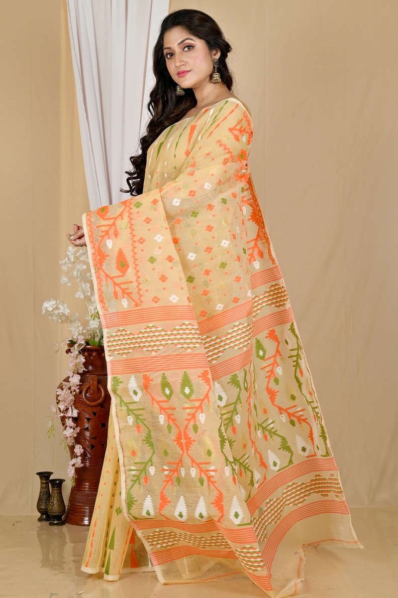 Cream Blended Cotton Rapkol Jamdani Saree (2025)