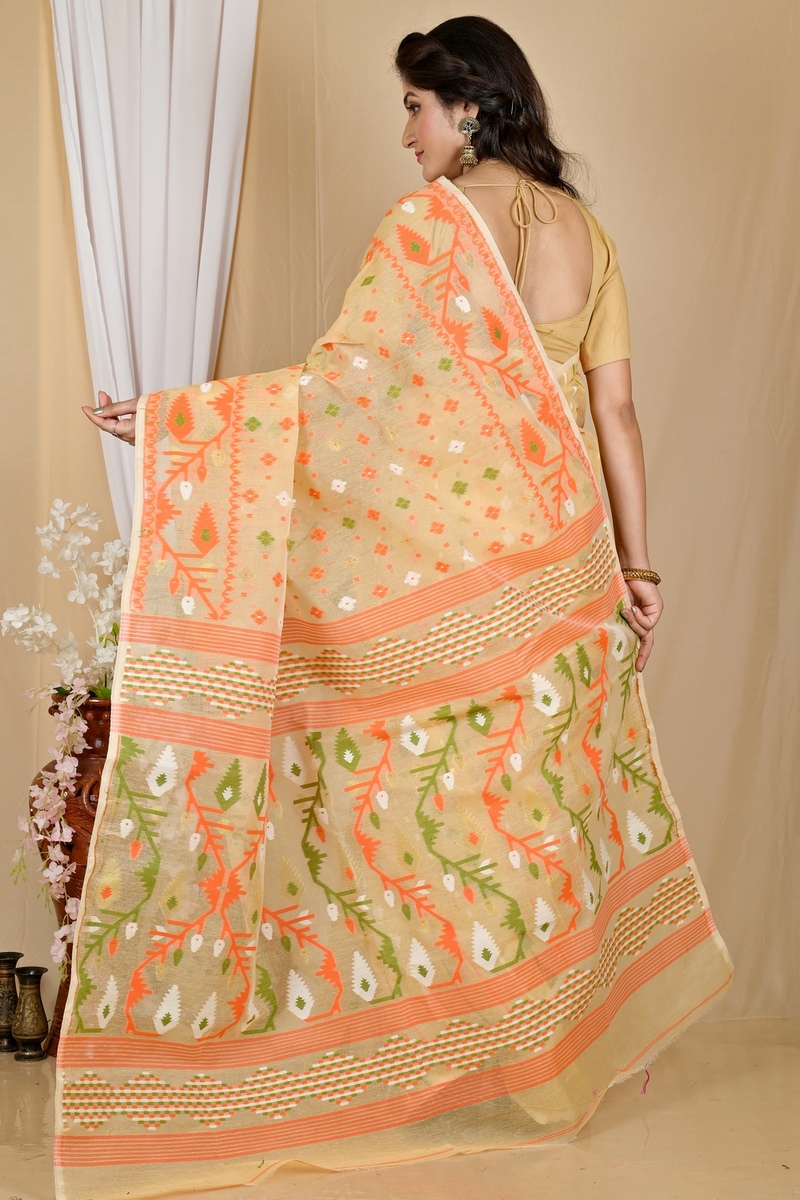 Cream Blended Cotton Rapkol Jamdani Saree (2025)