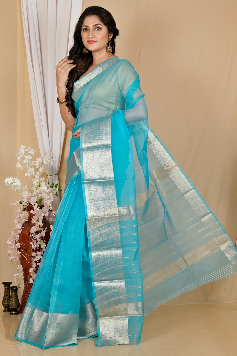 Sky Blue Blended Cotton Sikto Hand Loom Saree (2026)