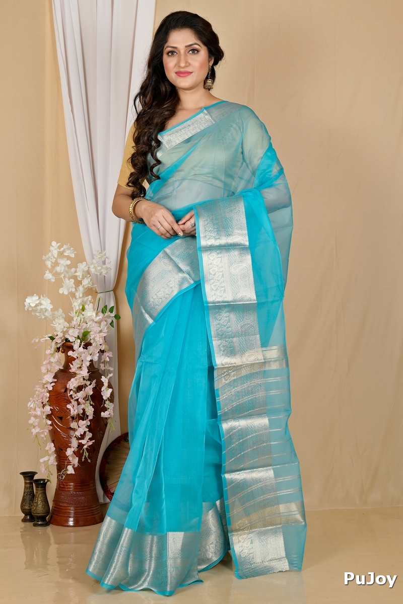 Sky Blue Blended Cotton Sikto Hand Loom Saree (2026)