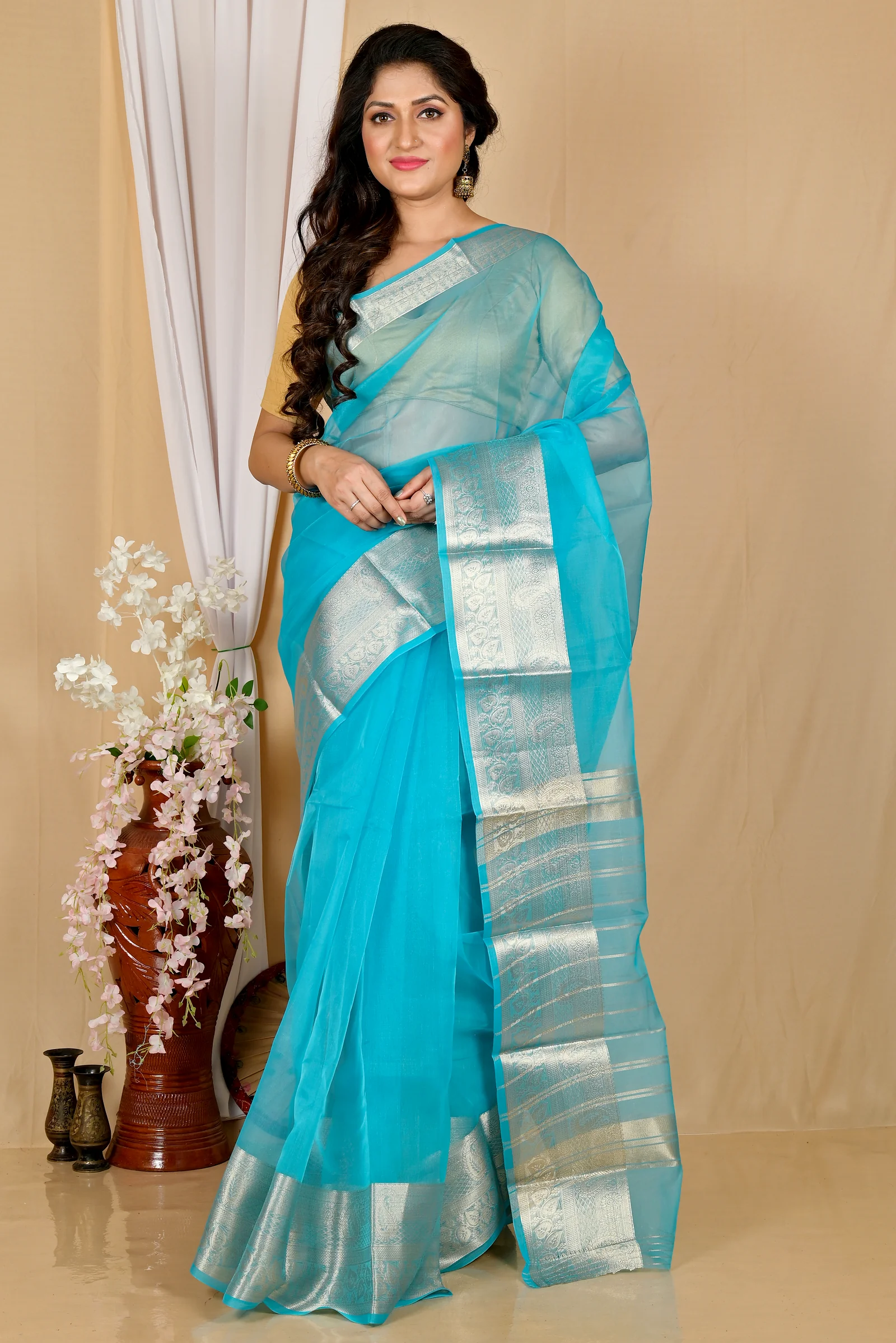 Sky Blue Blended Cotton Sikto Hand Loom Saree (2026)