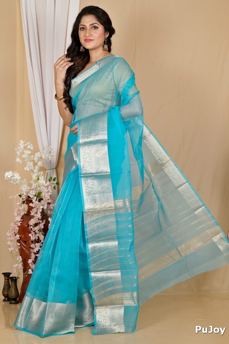 Sky Blue Blended Cotton Sikto Hand Loom Saree (2026)