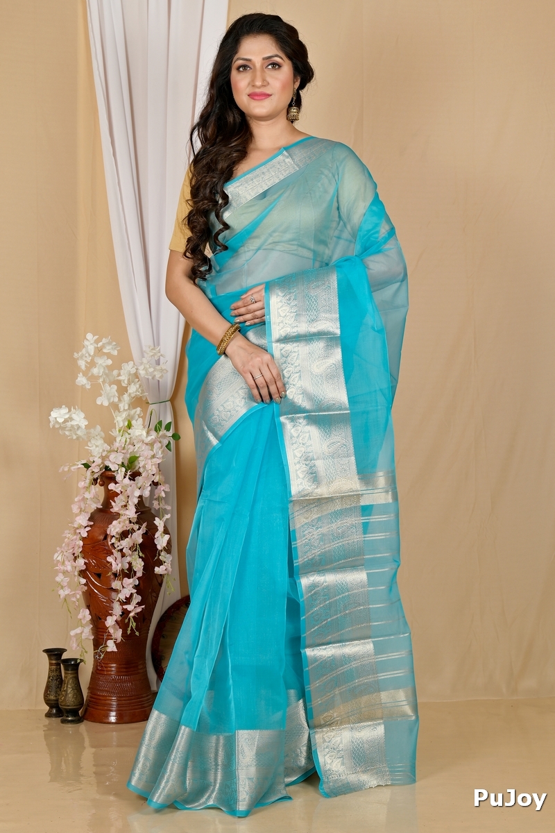 Sky Blue Blended Cotton Sikto Hand Loom Saree (2026)