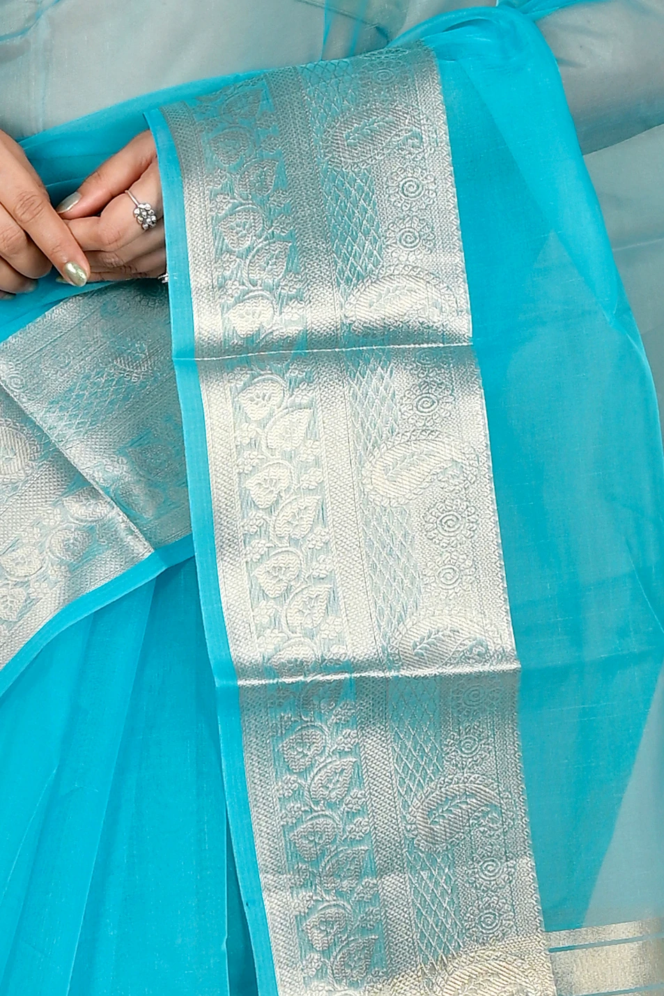 Sky Blue Blended Cotton Sikto Hand Loom Saree (2026)