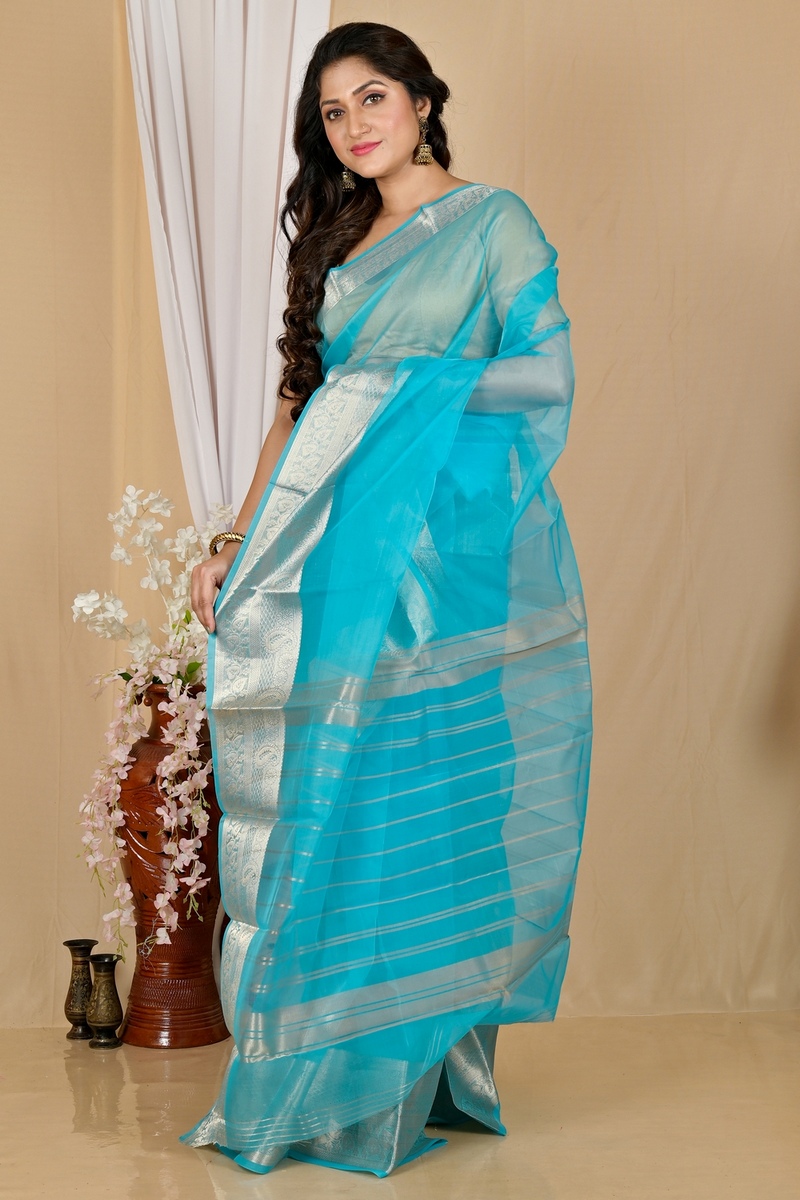 Sky Blue Blended Cotton Sikto Hand Loom Saree (2026)