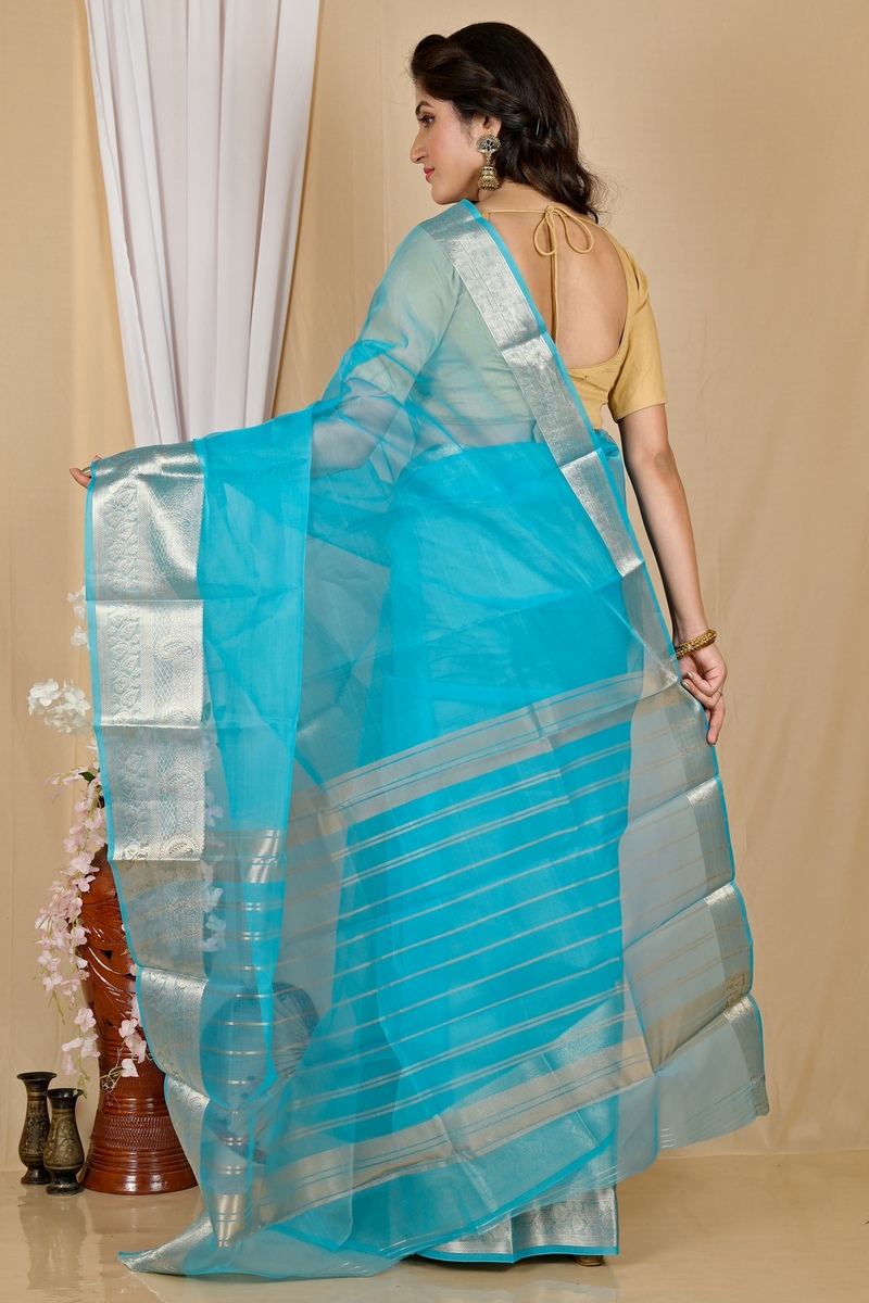 Sky Blue Blended Cotton Sikto Hand Loom Saree (2026)