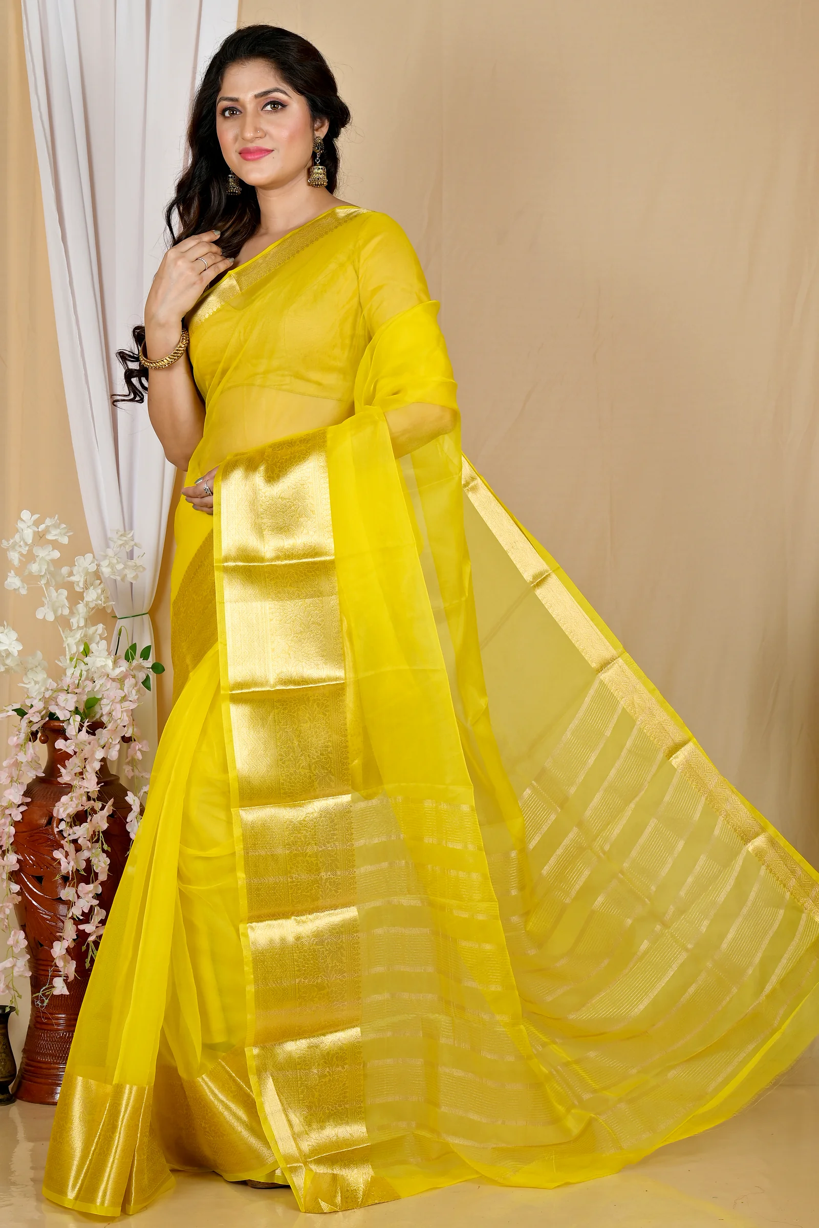 Yellow Blended Cotton Sikto Hand Loom Saree (2027)