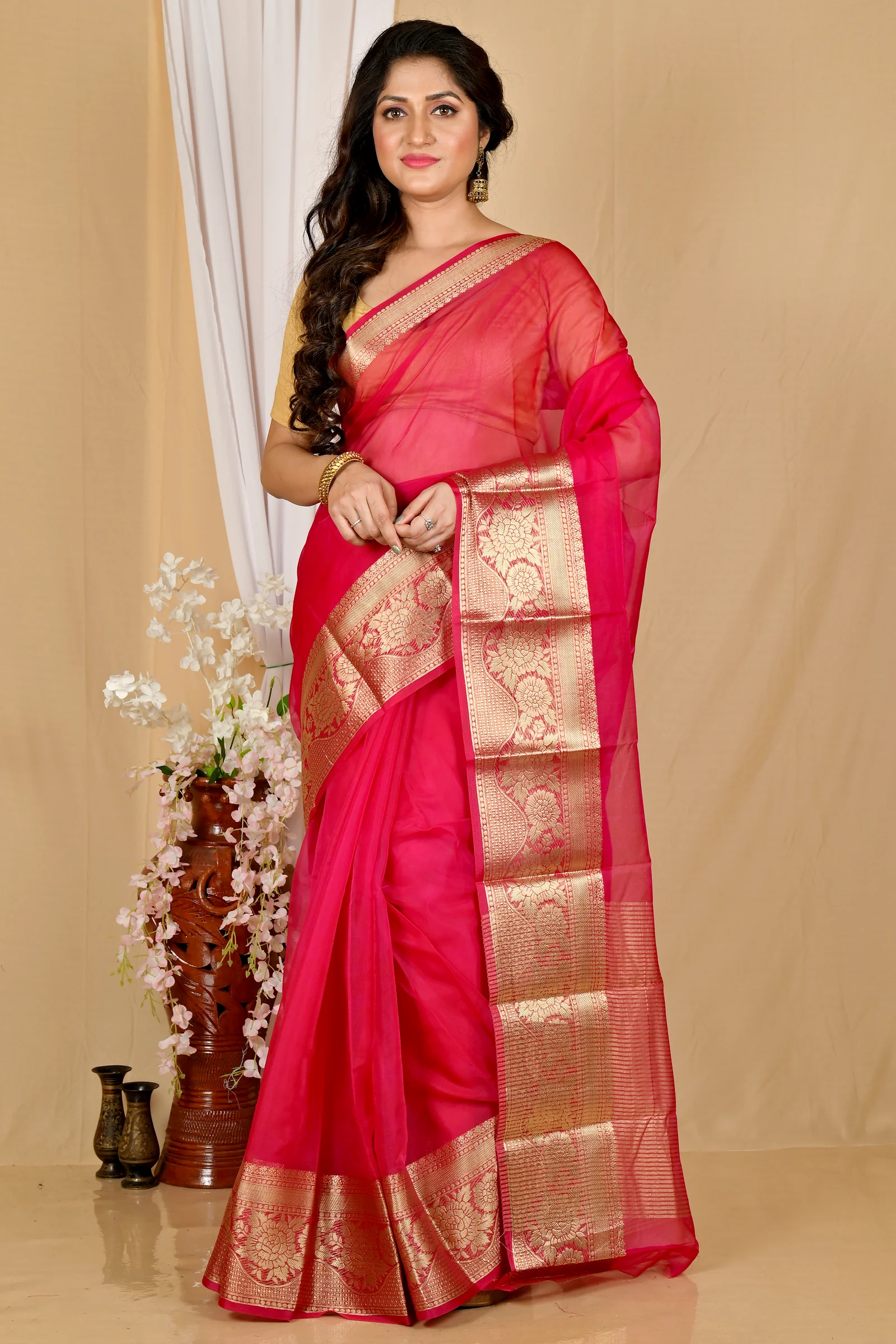 Dark Pink Blended Cotton Sikto Hand Loom Saree (2029)