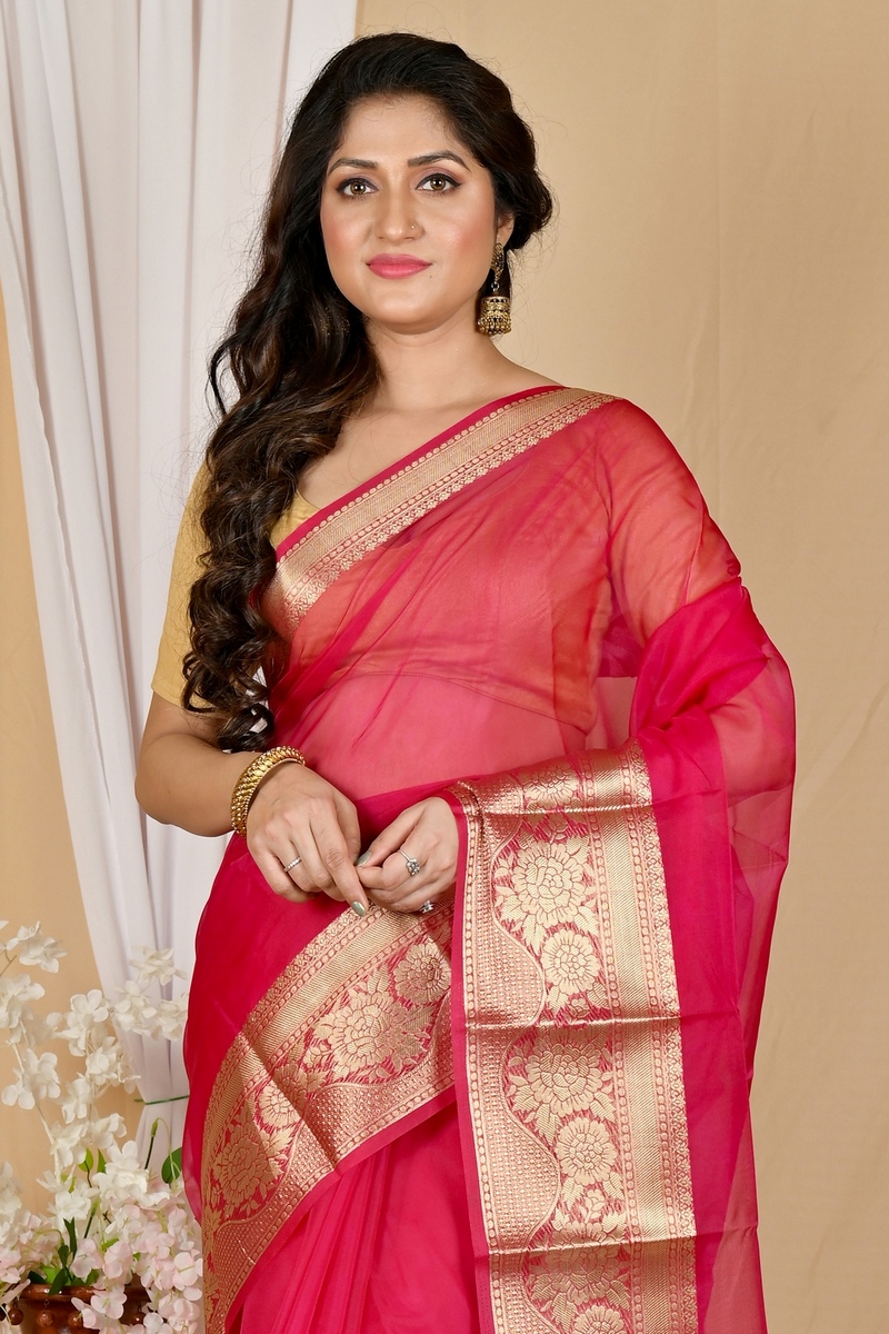 Dark Pink Blended Cotton Sikto Hand Loom Saree (2029)