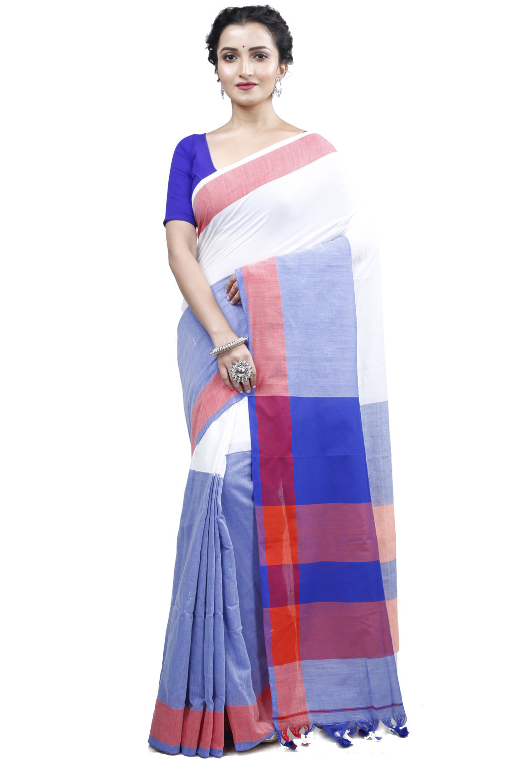 White Blue Pure Cotton Kousiki Hand Loom Saree (203)