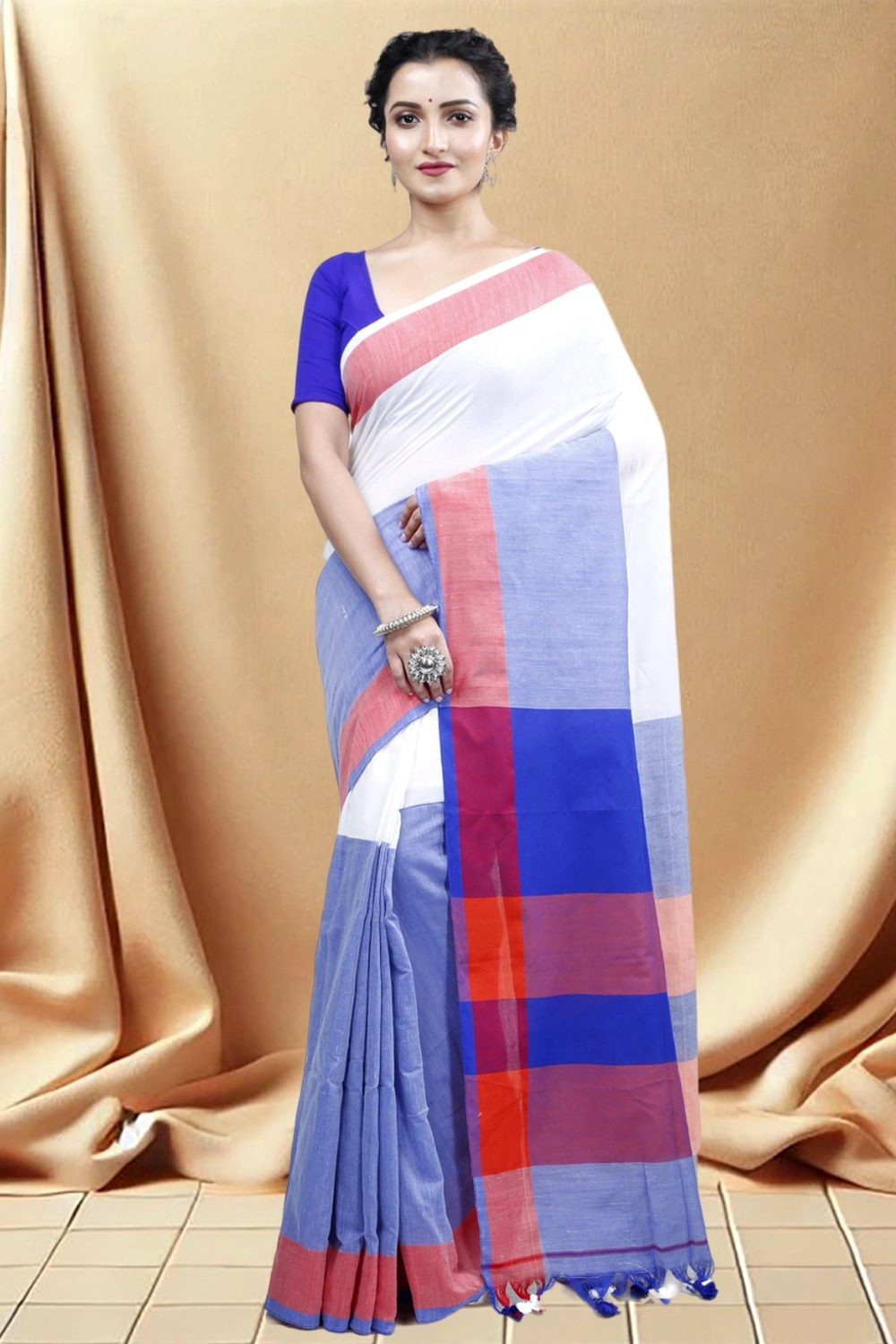 White Blue Pure Cotton Kousiki Hand Loom Saree (203)
