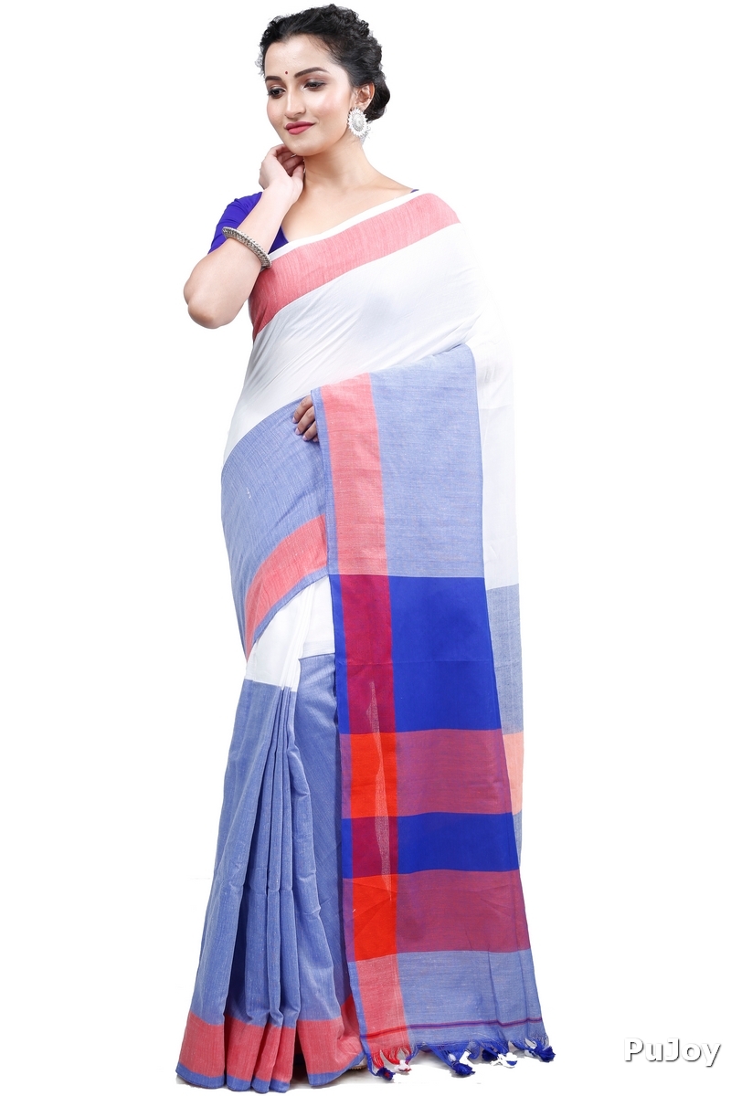 White Blue Pure Cotton Kousiki Hand Loom Saree (203)