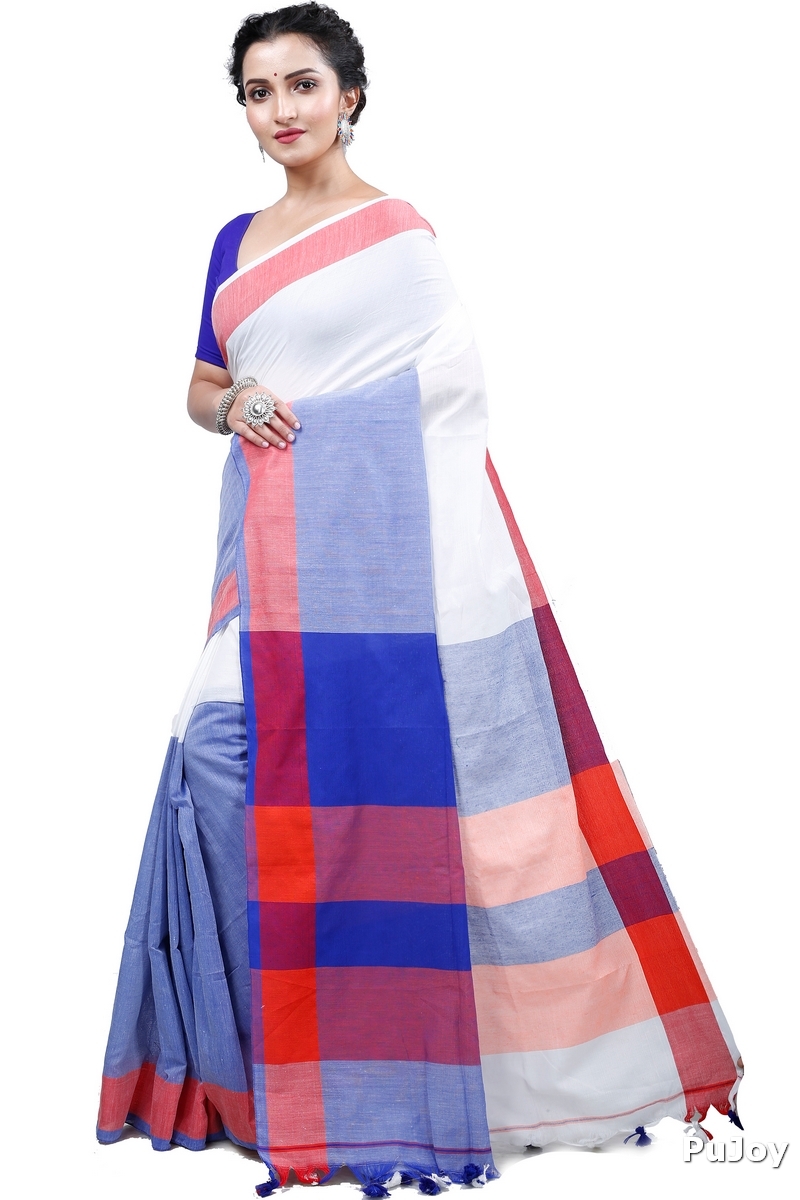 White Blue Pure Cotton Kousiki Hand Loom Saree (203)
