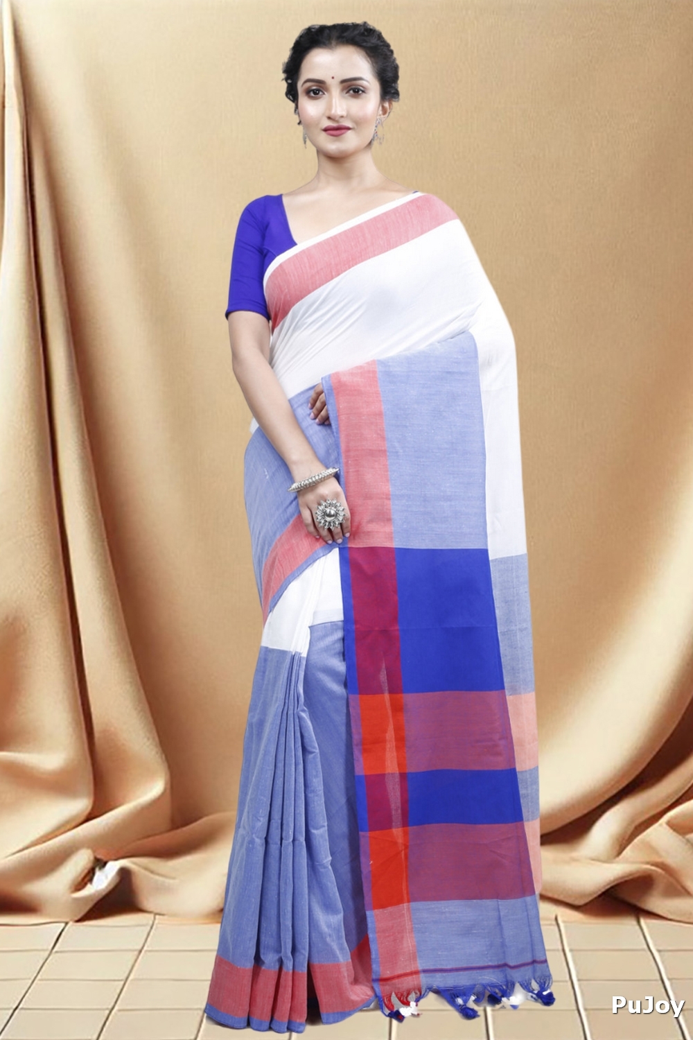 White Blue Pure Cotton Kousiki Hand Loom Saree (203)