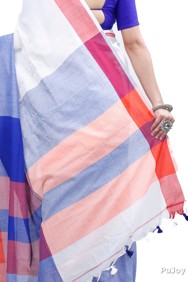 White Blue Pure Cotton Kousiki Hand Loom Saree (203)