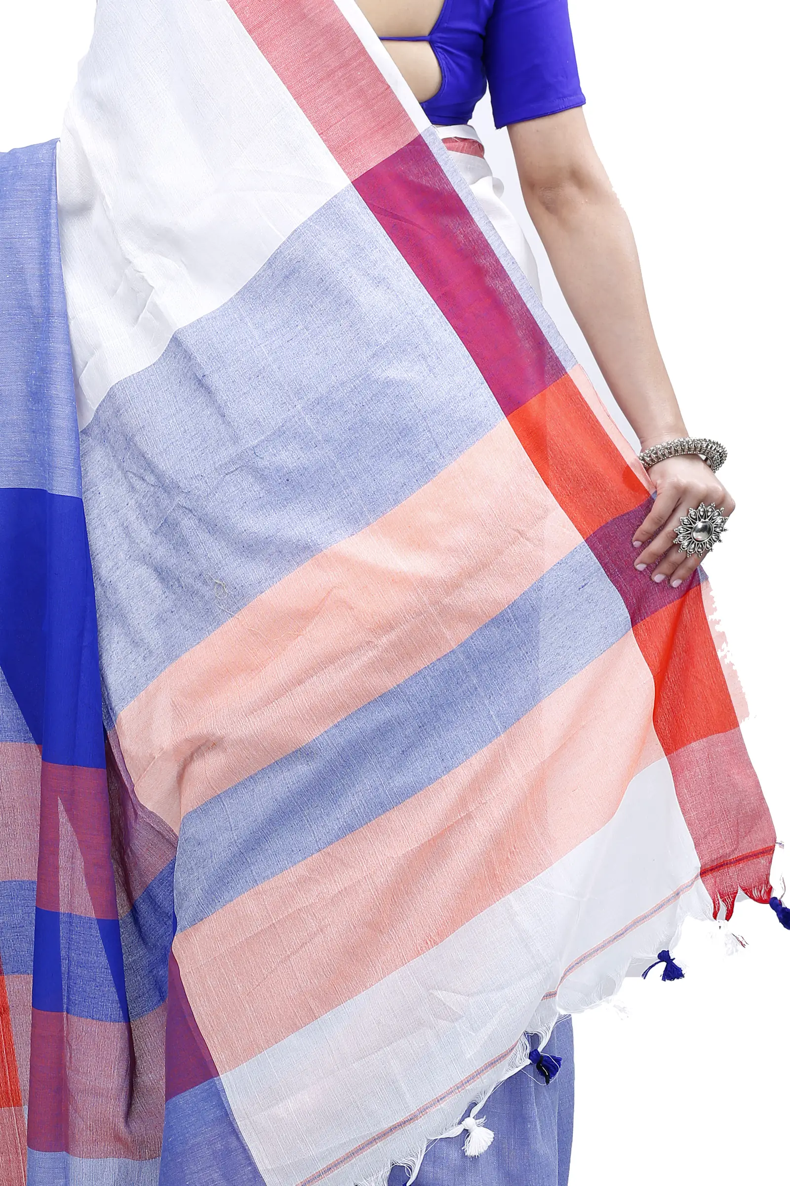 White Blue Pure Cotton Kousiki Hand Loom Saree (203)